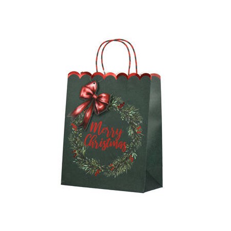 BORSA IN CARTA 26x12x32cm MERRY CHRISTMAS VERDE C/TAG FIOCCO