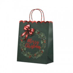 BORSA IN CARTA 18x10x23cm MERRY CHRISTMAS VERDE C/TAG FIOCCO