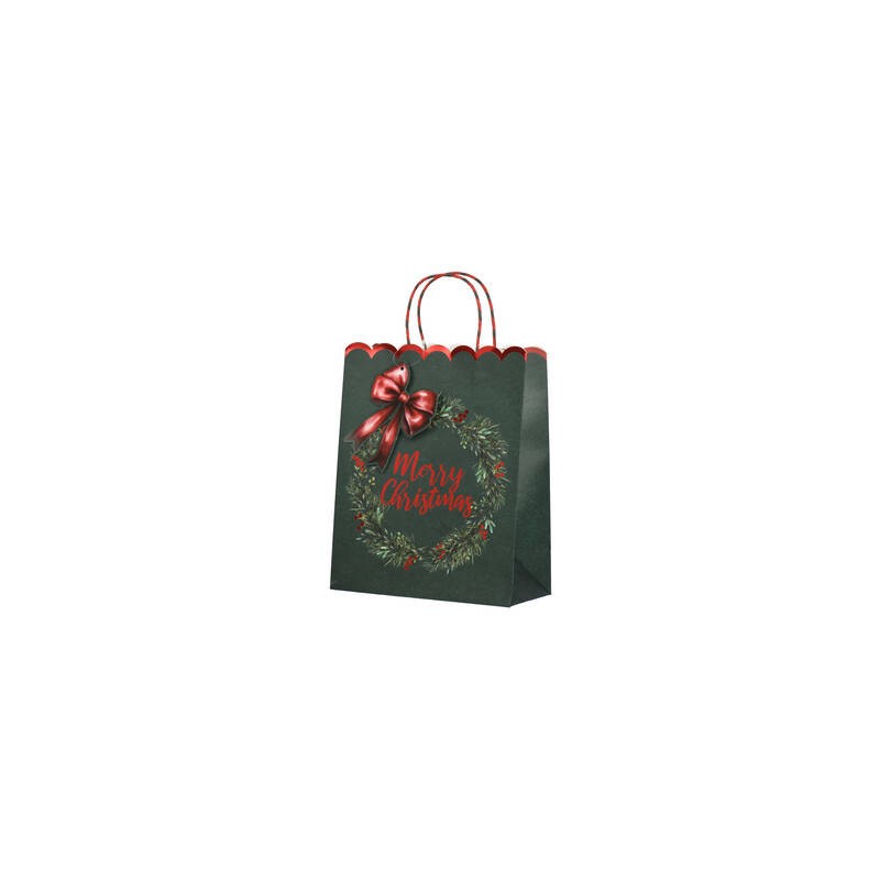 BORSA IN CARTA 12x6,7x16,5cm MERRY CHRISTMAS VERDE C/TAG FIOCCO