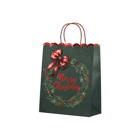 BORSA IN CARTA 12x6,7x16,5cm MERRY CHRISTMAS VERDE C/TAG FIOCCO