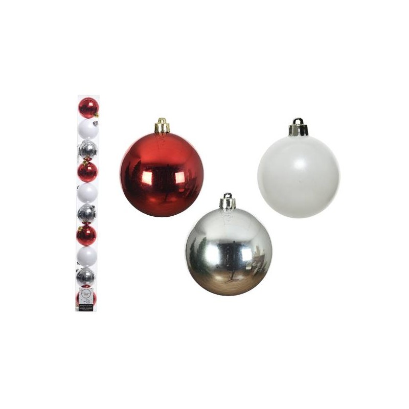 PALLINE INFRANGIBILI ø6cm TUBO MIX BIA-ROSSO-ARG 10pz