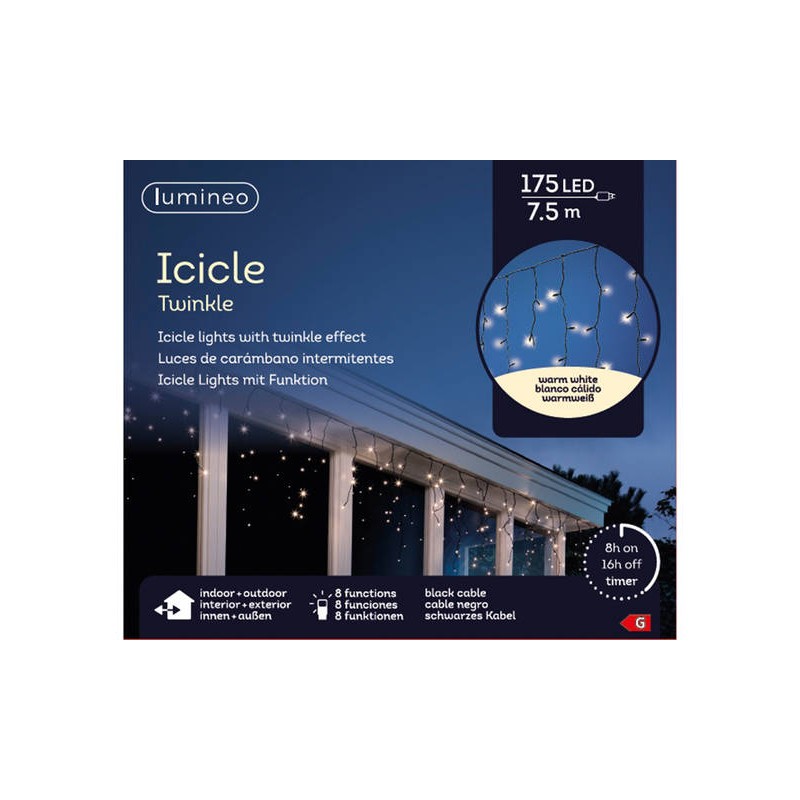TENDA LUCE GHIACCIOLI 175 LED 7,5mt - FILO NERO - BIANCO CALDO - INT/EST 8 FUNZ.