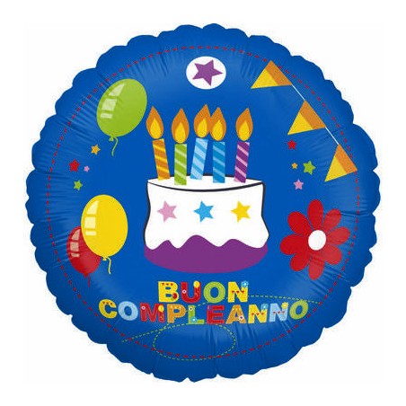 PALLONE MYLAR TONDO 18'' 45cm BUON COMPLEANNO TORTA BLU