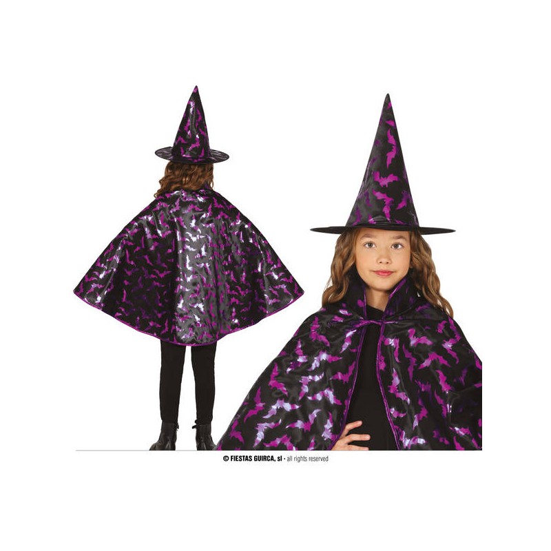 SET STREGA BAMBINA MANTELLO E CAPPELLO NERO/LILLA TG.UNICA