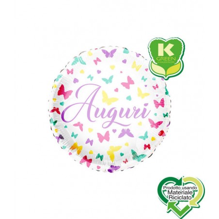 PALLONE MYLAR TONDO 18'' 45cm AUGURI FARFALLE ECO
