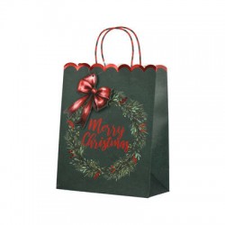 BORSA IN CARTA 12x6,7x16,5cm MERRY CHRISTMAS VERDE C/TAG FIOCCO