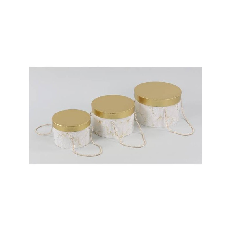 SCATOLA TONDA CON FIORI ORO-BIANCO ø23x15cm 1pz