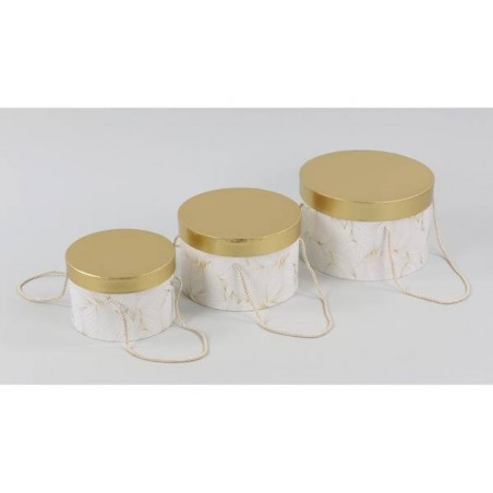SCATOLA TONDA CON FIORI ORO-BIANCO ø23x15cm 1pz