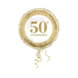 PALLONE MYLAR TONDO 18'' 45cm ANNIVERSARIO 50° GLITTER ORO