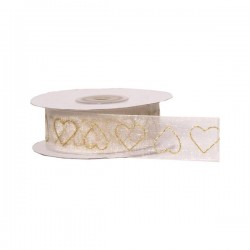 NASTRO ORGANZA C/GLITTER CUORI mm25x15mt COL.35 BIANCO-ORO