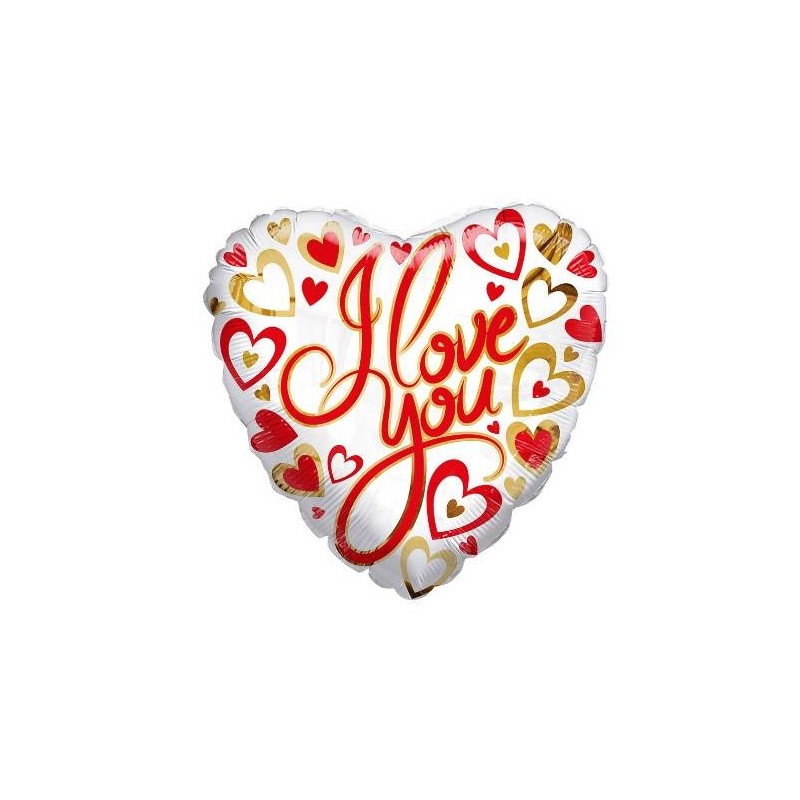PALLONE MYLAR CUORE I LOVE YOU CUORI ORO E ROSSO 18 43cm