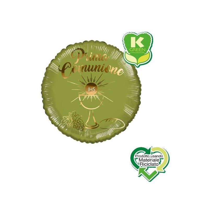 PALLONE MYLAR TONDO PRIMA COMUNIONE VERDE OLIVA GOLD K-GREEN 18 43cm