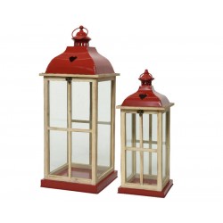 LANTERNA IN LEGNO ROSSO E NATURAL 25,5x25,5x66cm SET 1pz