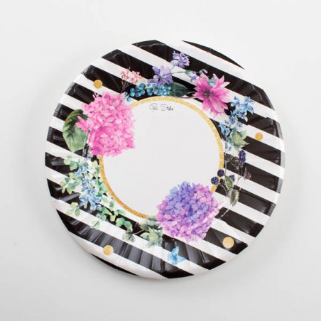 PIATTI ROUND SHAPE 21cm BLACK & FLOWERS 8pz