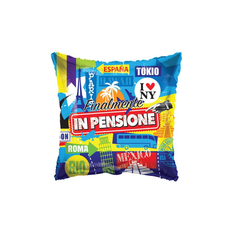 PALLONE MYLAR QUADRATO FINALMENTE IN PENSIONE 18 45cm