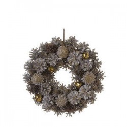 GHIRLANDA CORONA CAMPANELLE E PIGNE SBIANCATA Ø30cm