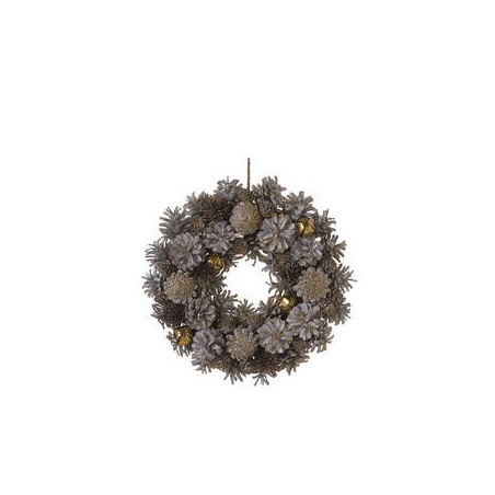 GHIRLANDA CORONA CAMPANELLE E PIGNE SBIANCATA Ø30cm