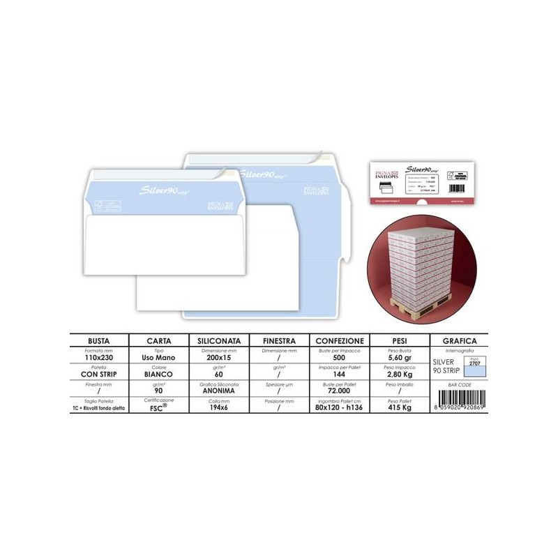 BUSTE LETTERA SILVER 90 STRIP 110x230mm 500pz