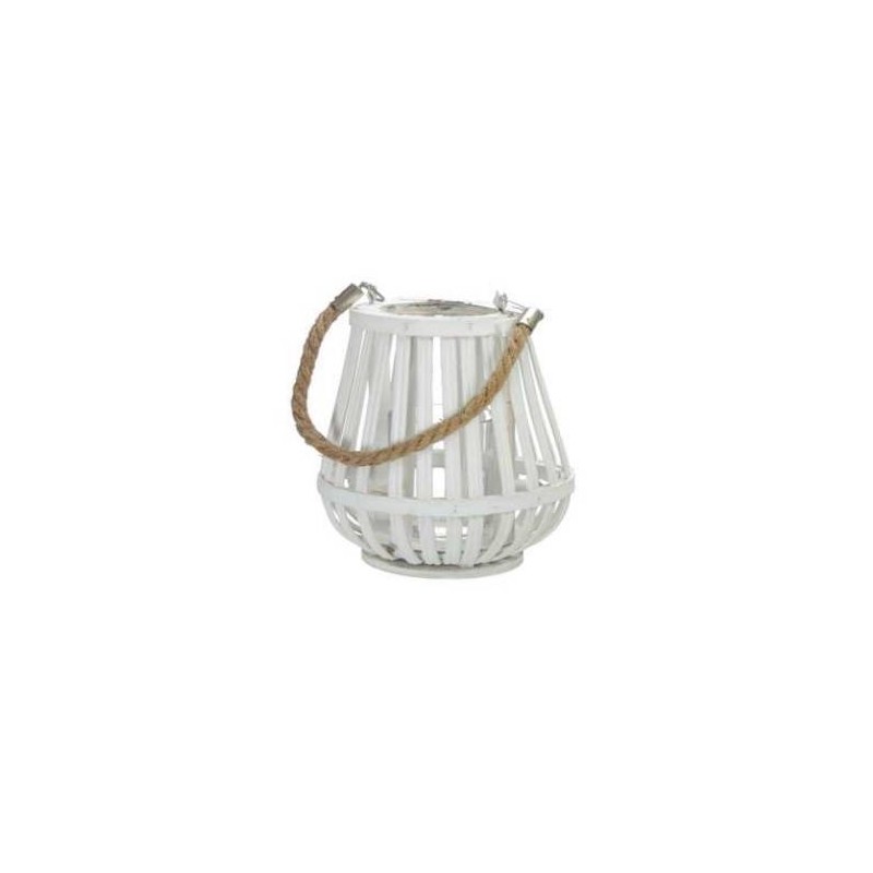 LANTERNA LEGNO WHITE Ø14x15cm CON MANICO IN CORDA