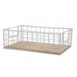 CESTO RETE METALLO BIANCO BASE LEGNO 29x18x11cm