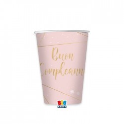 BICCHIERI BUON COMPLEANNO ROSA E  GOLD 200cc 8pz