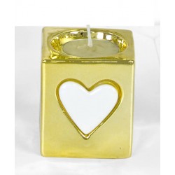 PORTACENDELA PORCELLANA ORO CON CUORE BIANCO 6x6x7cm