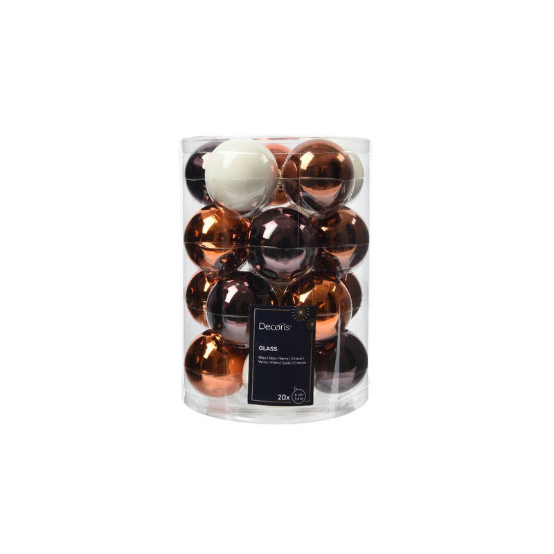 PALLINE VETRO IN BOX Ø6cm WHITE CARAMEL BROWN 20pz