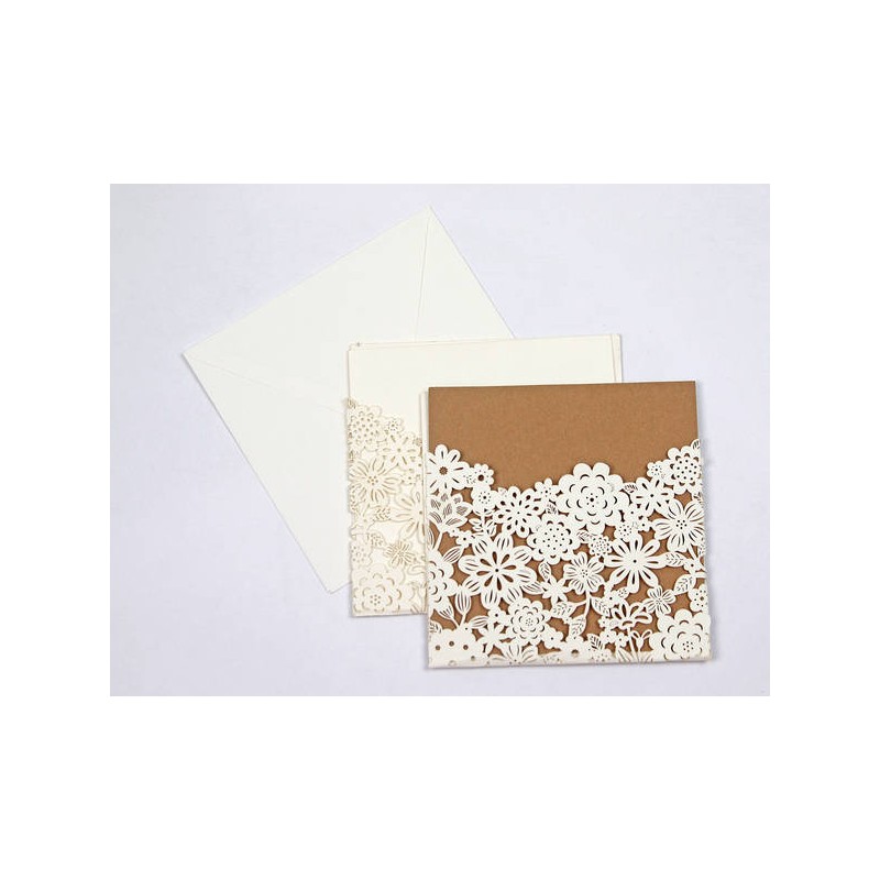 PARTECIPAZIONE LASER FIORATA+ BUSTA DOPPIO CART. AVORIO/BROWN 15X15