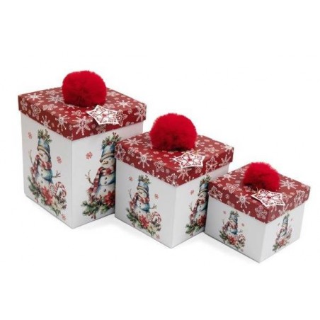 SCATOLA REGALO PUPAZZO DI NEVE 15x15x15cm C/POMPOM