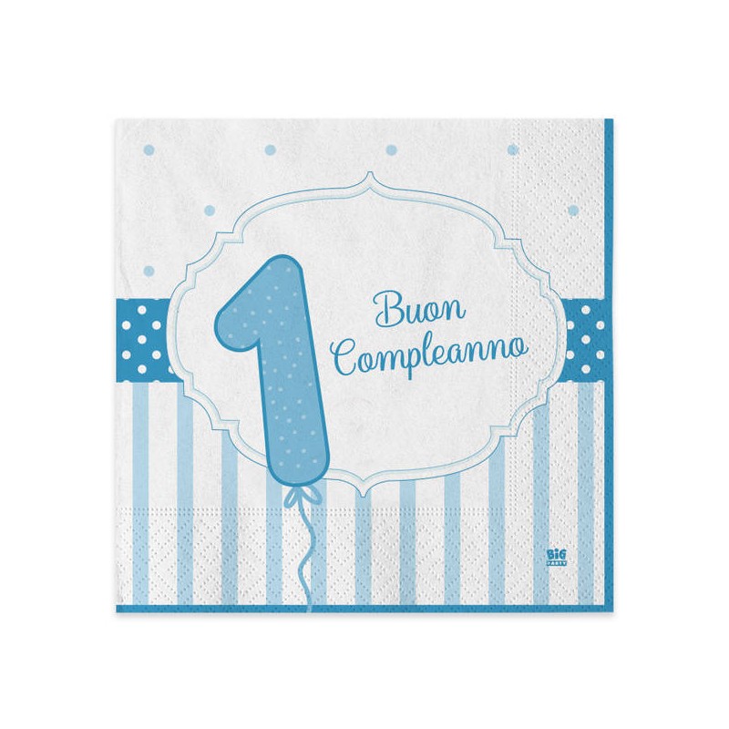 TOVAGLIOLI 33x33 BUON PRIMO COMPLEANNO CELESTE 20pz
