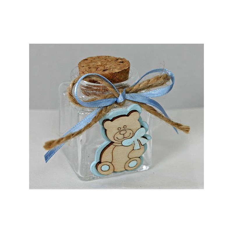 BARATTOLINO VETRO 4x4x5,5cm CON ORSETTO E FIOCCO AZZURRO
