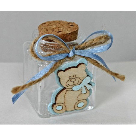 BARATTOLINO VETRO 4x4x5,5cm CON ORSETTO E FIOCCO AZZURRO