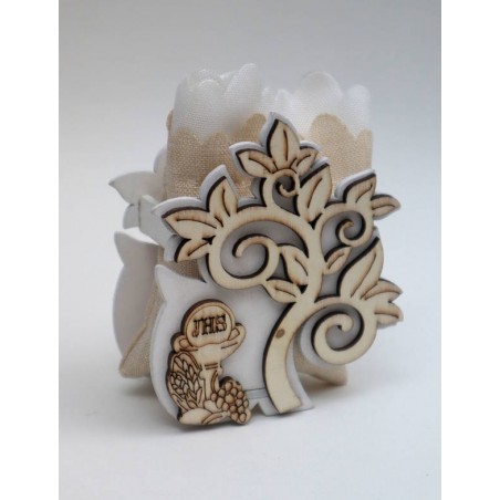 ALBERO LEGNO CON SIMBOLO COMUNIONE E SACCHETTO COTONE 6pz