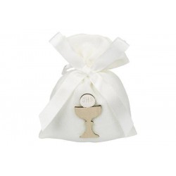 SACCHETTO BIANCO TRAMA LINO CON CALICE LEGNO 10x13cm 10pz