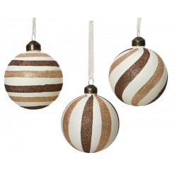 PALLINA Ø8cm GLASS WHITE BROWN GLITTER STRIPES 1pz