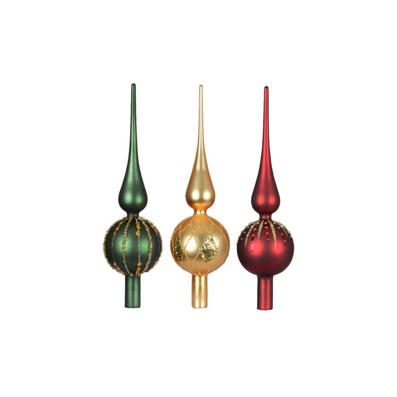 PUNTALE ALBERO IN VETRO h.31cm COLORE VERDE- ORO -ROSSO OPACO 1PZ