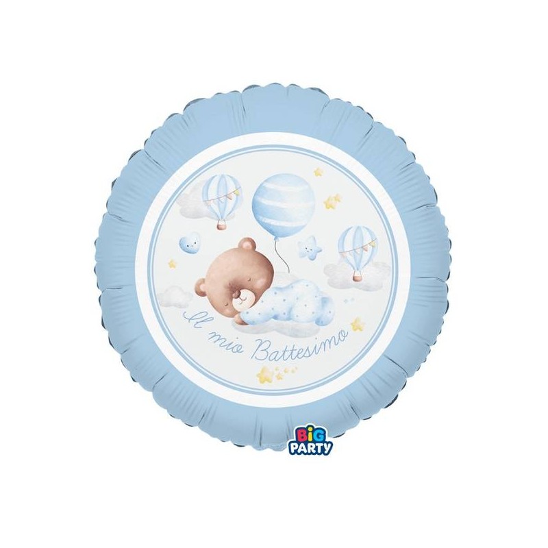 PALLONE MYLAR TONDO 45cm BATTESIMO BABY BEAR CELESTE