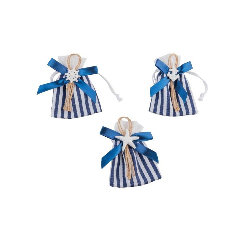 SACCHETTO MARE RIGHE BIANCO-BLU E APPL GESSO H.11cm 3ass 12pz