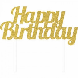 CAKE TOPPER GLITTER HAPPY BIRTHDAY 15x17cm GOLD
