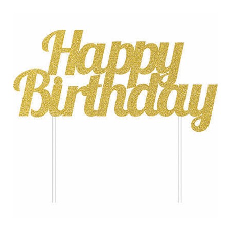 CAKE TOPPER GLITTER HAPPY BIRTHDAY 15x17cm GOLD