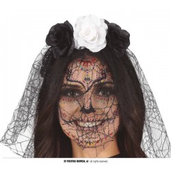 CERCHIETTO FIORI NERI BIANCHI CON VELO