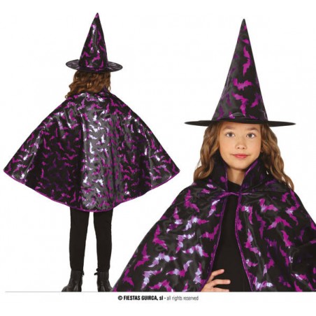 SET STREGA BAMBINA MANTELLO E CAPPELLO NERO/LILLA TG.UNICA