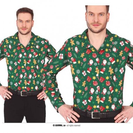 CAMICIA VERDE CON STAMPA BABBO NATALE TG.L 52-54