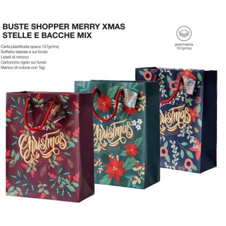 SHOPPER CARTA MERRY CHRISTMAS STELLE E BACCHE MIX 33+10x45cm