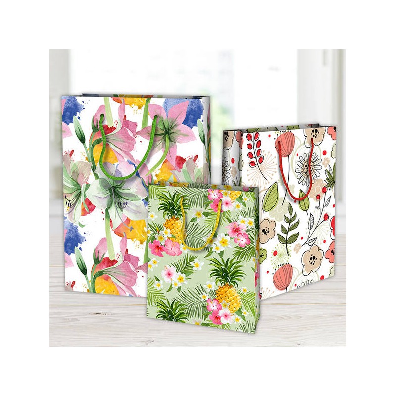 SHOPPER IN CARTA PLASTIFICATA OPACA 25x12x35cm FIORI ASS.TI