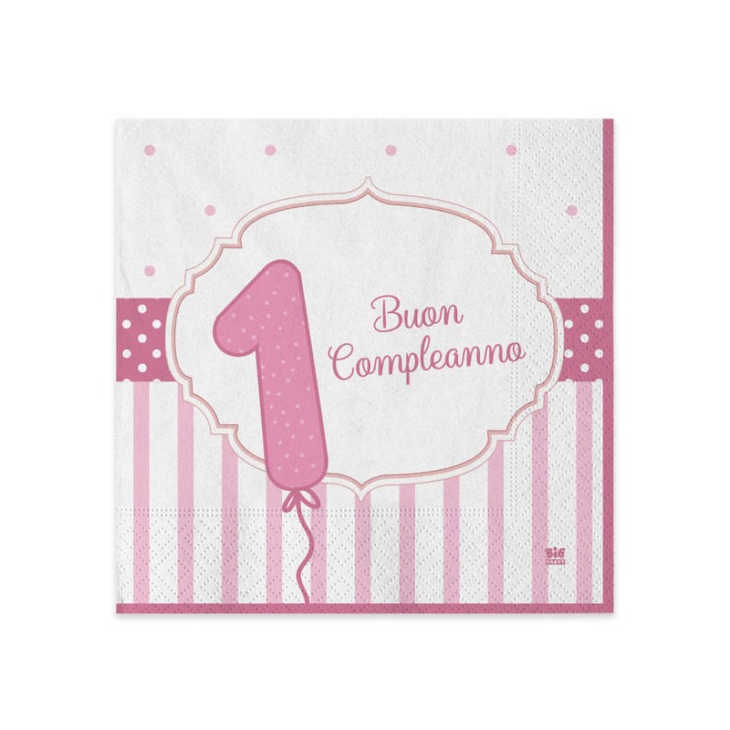 TOVAGLIOLI 33x33 BUON PRIMO COMPLEANNO ROSA 20pz
