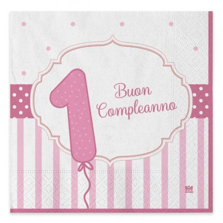 TOVAGLIOLI 33x33 BUON PRIMO COMPLEANNO ROSA 20pz