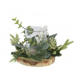 PORTACANDELA C/BASE IN LEGNO E BACCHE BIANCHE ø15x9cm