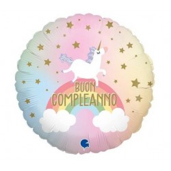 PALLONE MYLAR TONDO 18" 45cm BUON COMPLEANNO UNICORNO
