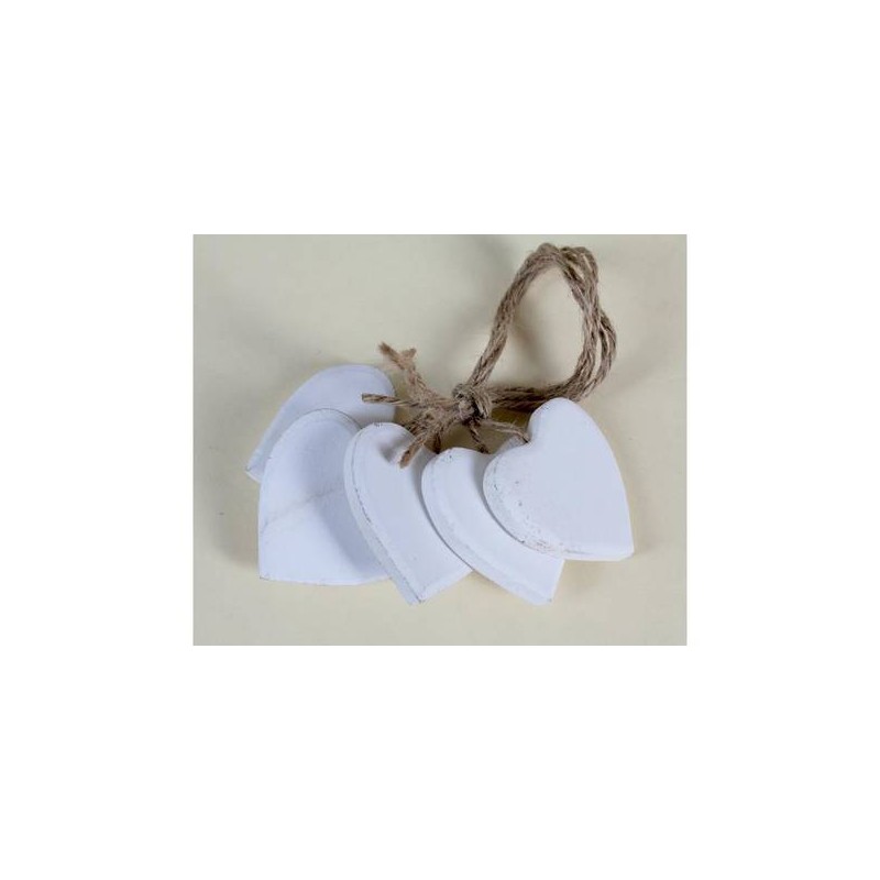CUORI LEGNO BIANCO 5x5cm C/FILO JUTA 5pz